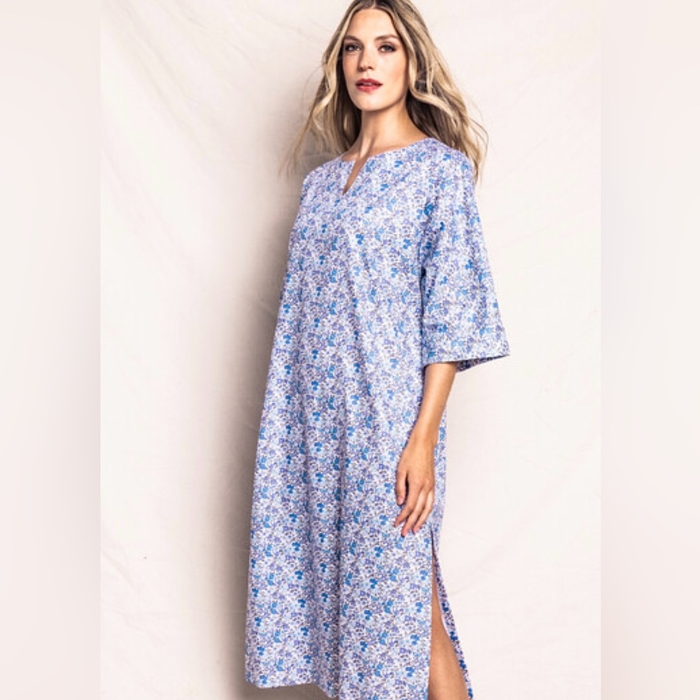 Petite Plume Fleur D'Azur Blue/White Cotton Caftan Nightgown Size L NWT - Picture 2 of 9
